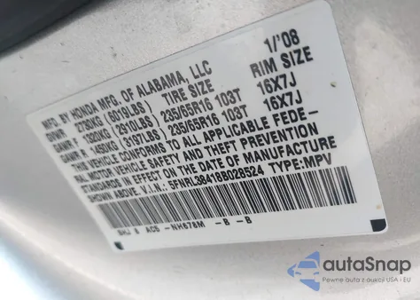 2008 Honda Odyssey Ex z USA, uszkodzony, nr VIN 5FNRL38418B028524